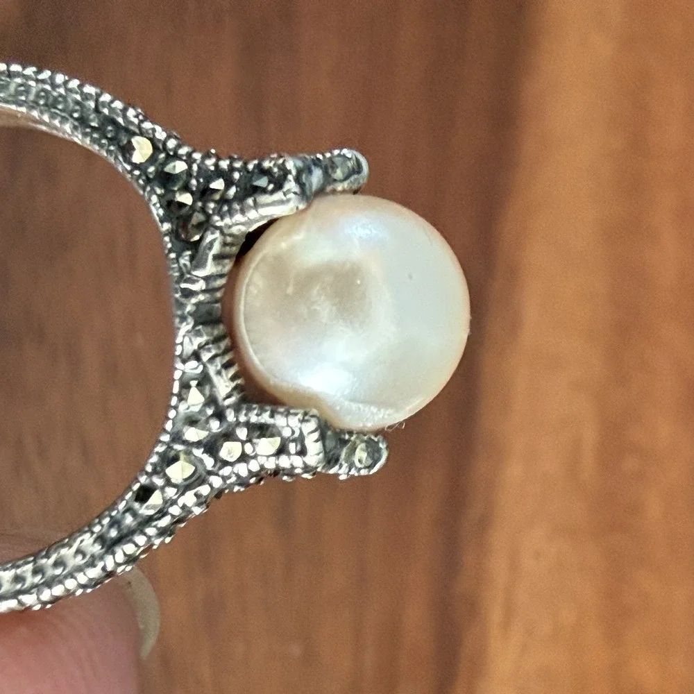 Sterling Silver Marcasite Pearl Ring Size 6.75 Vintage Art Deco Style